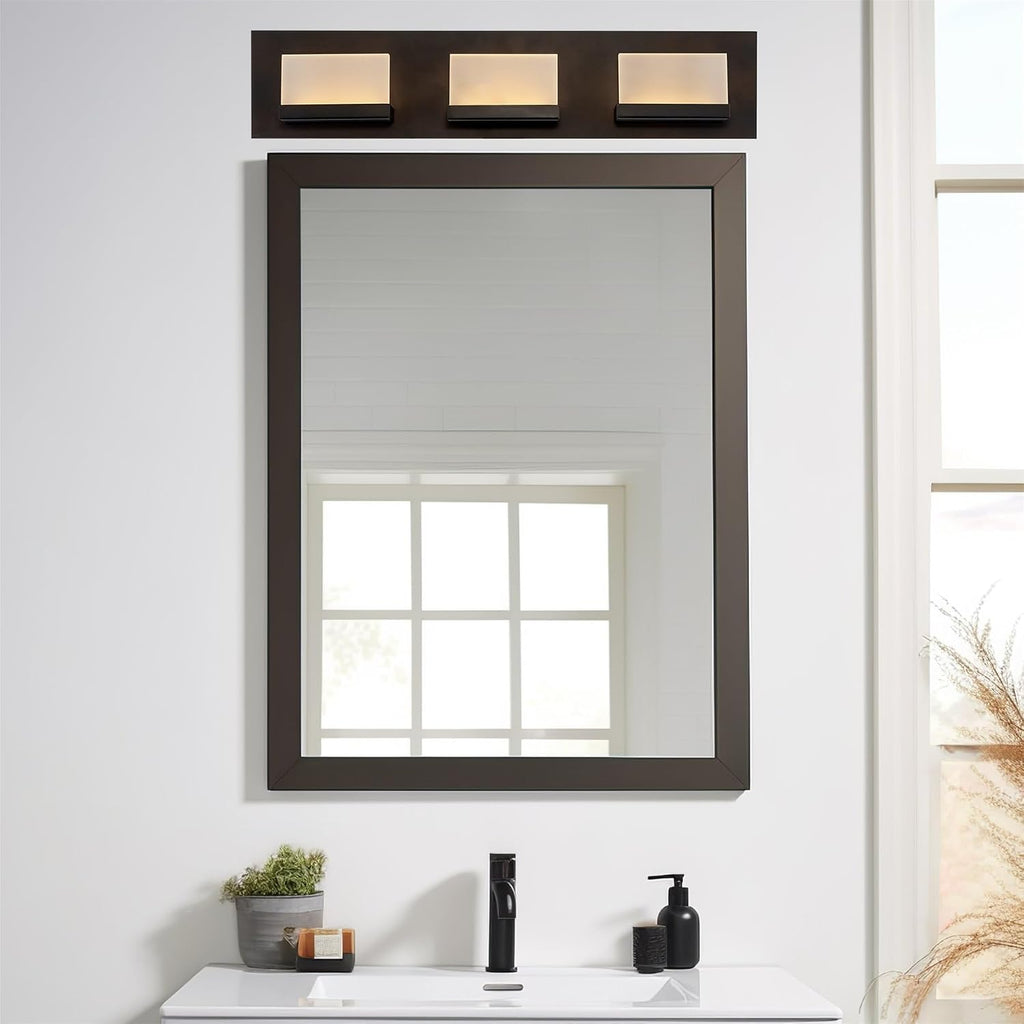 Kira Home Everett 24' Modern 3-Light Integrated LED Vanity Light, 30W 3000K Warm White Light, Minimalist Bathroom Wall Sconce with Frosted Acrylic Blocks, Oil Rubbed Bronze Finish