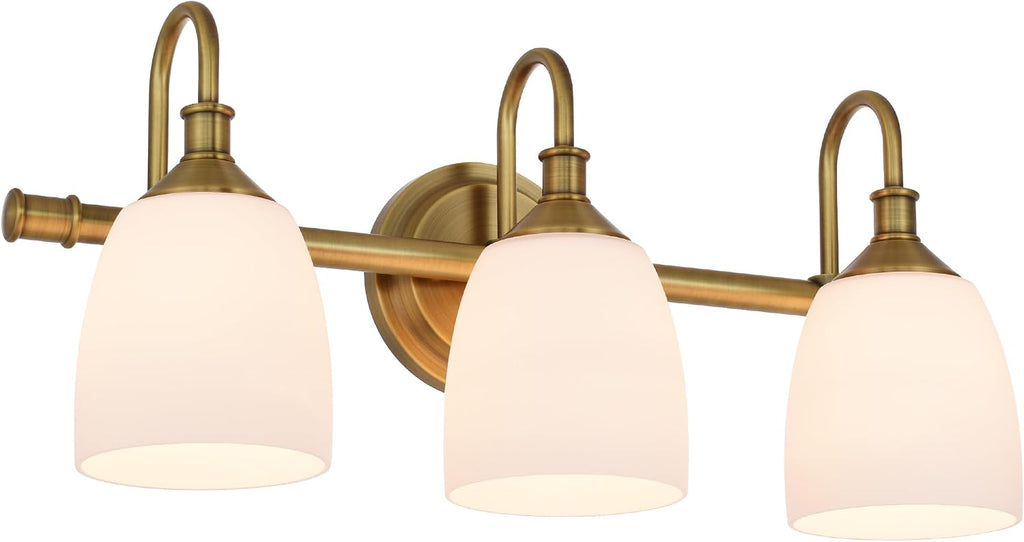 3-Light Champagne Bronze Bathroom Vanity Light Fixtures Over Mirror, Vintage Vanity Lights for Living Room, Milk White Glass Shades, Standard E26 Base
