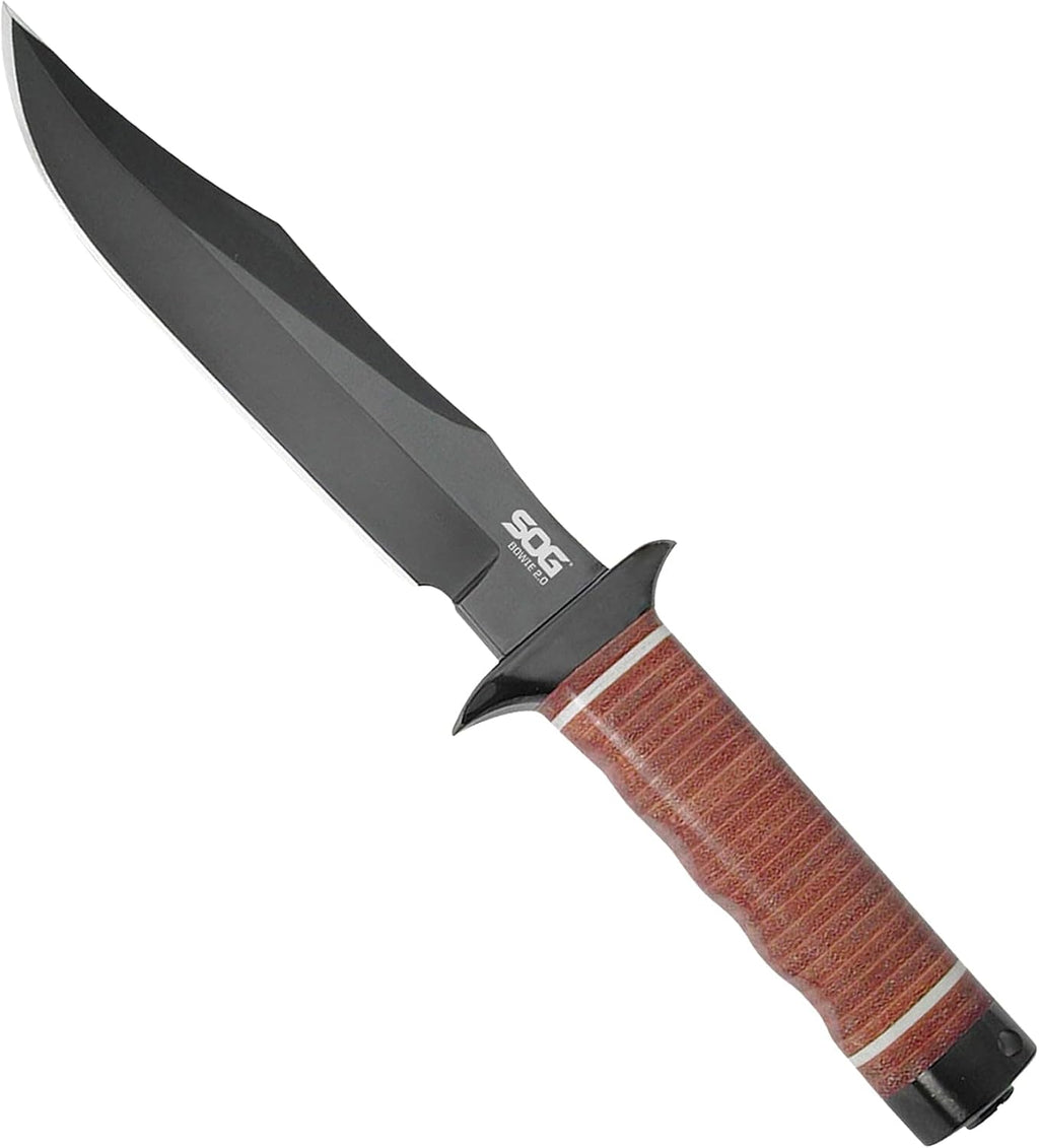 SOG Bowie 2.0 Fixed Blade Knife-Tactical Knife with 6.4 Inch Blade, Hunting Knife with Hard Case TiNi Coating and AUS-8 Steel, Leather Knife Sheath (S1T-L),Brown