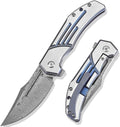 KANSEPT Orion Pocket Knife, 3.07'' Damascus Elegant Blade with Blood Groove, CNC Blue Anodized Milling Titanium Handle and Flipper, for Men Women Camping Survival Hunting Folding Knives K1089B2