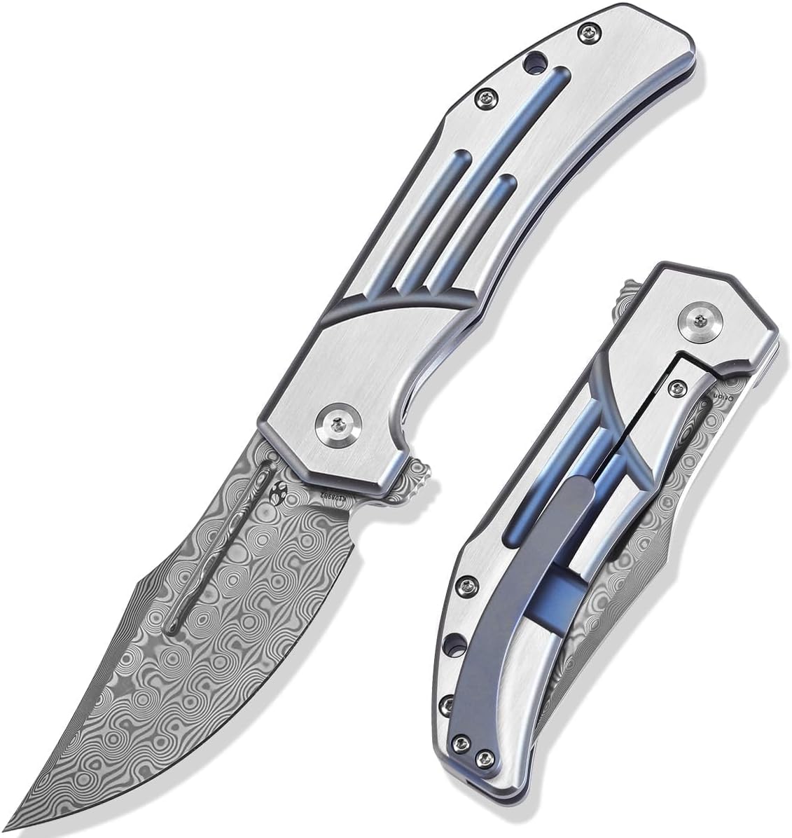 KANSEPT Orion Pocket Knife, 3.07'' Damascus Elegant Blade with Blood Groove, CNC Blue Anodized Milling Titanium Handle and Flipper, for Men Women Camping Survival Hunting Folding Knives K1089B2
