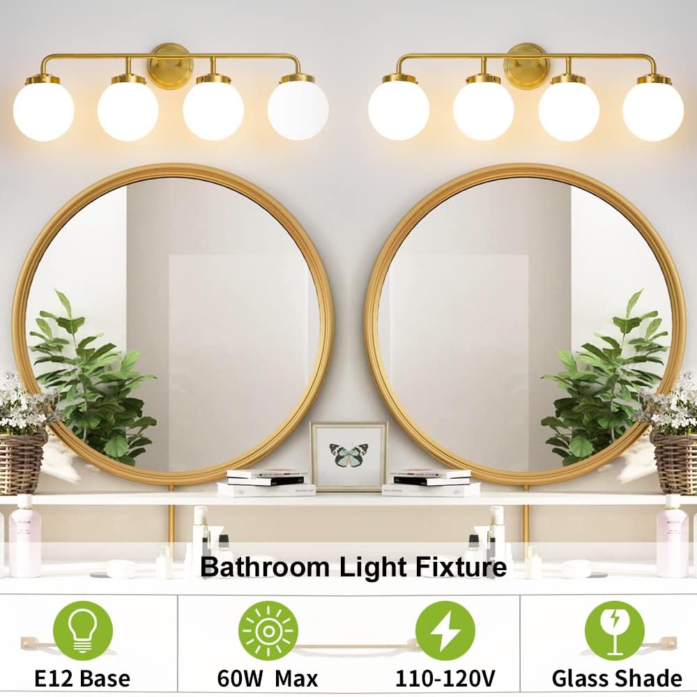 Bathroom Light Fixtures Gold Vanity Lights Over Mirror, Modern Wall Sconce Lighting 4-Light with White Glass Globe Shade
