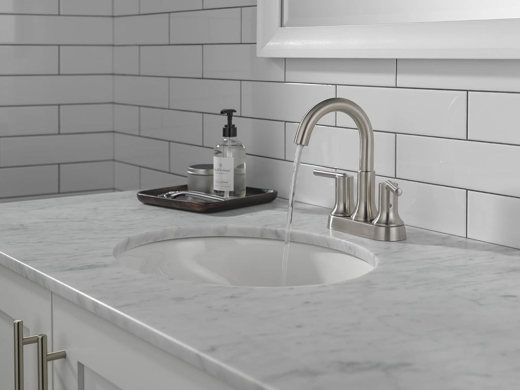 Delta Faucet Trinsic Brushed Nickel Bathroom Faucet, Bathroom Sink Faucet, Centerset, Diamond Seal Technology, Metal Drain Assembly, Stainless 2559-SSMPU-DST