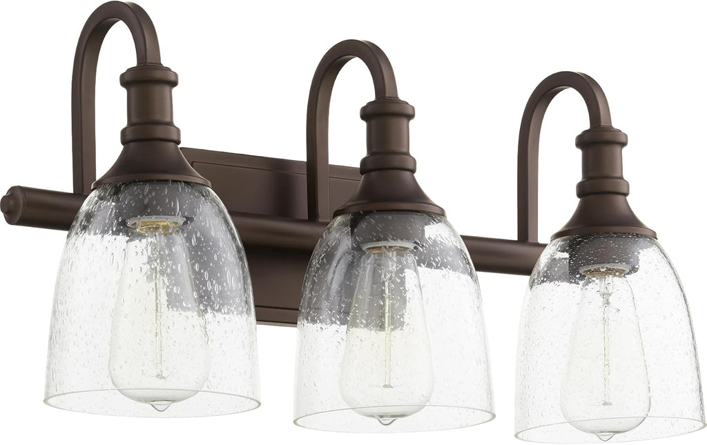 Quorum International 5011-3-186 I Richmond Collection Three Light Bathroom Vanity - Oiled Bronze Finish with Clear Seeded Glass I Modern Contemporary I LED Compatible I