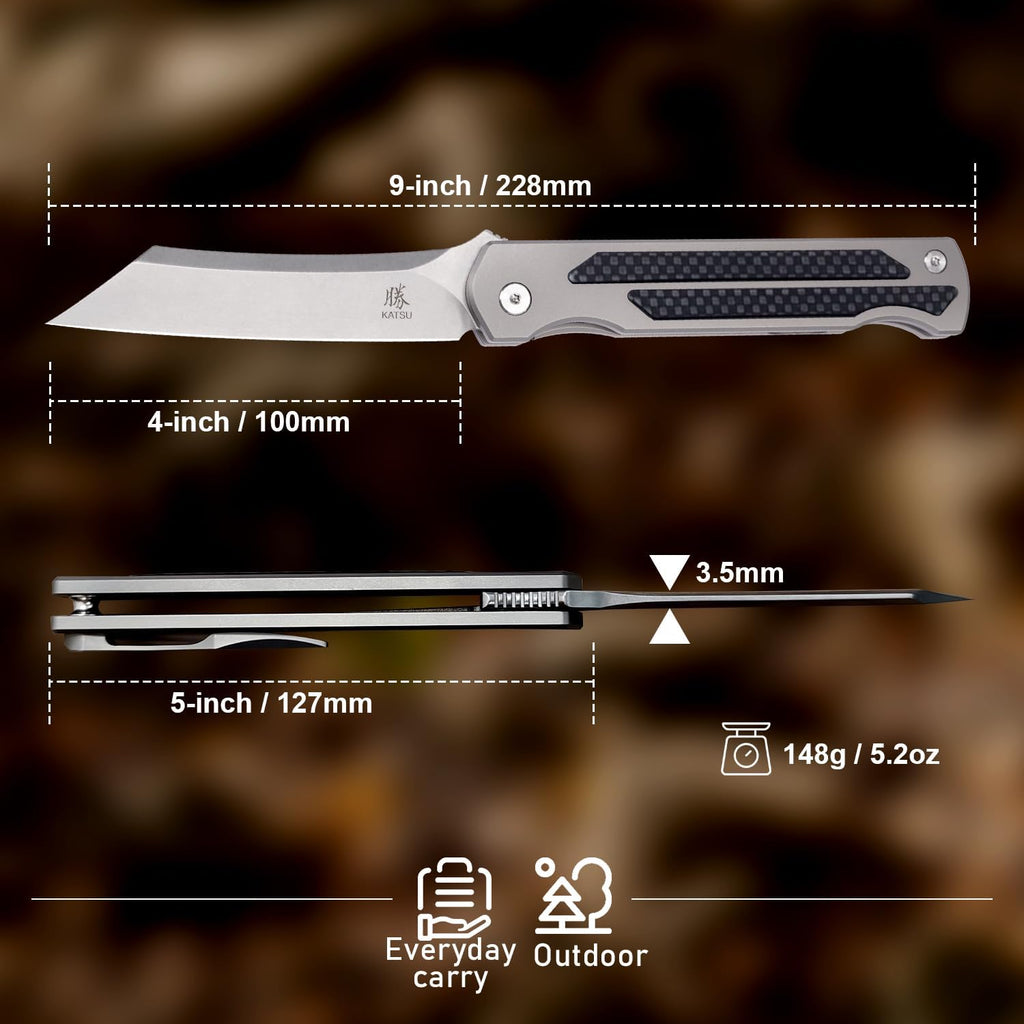 KATSU S35VN Steel Blade Folding Knife,Titanium Pocket Knife for Men Carbon Fiber Handle,Frame Lock Japanese Style Front Flipper EDC Knife with Clip Stonewash Leather Sheath