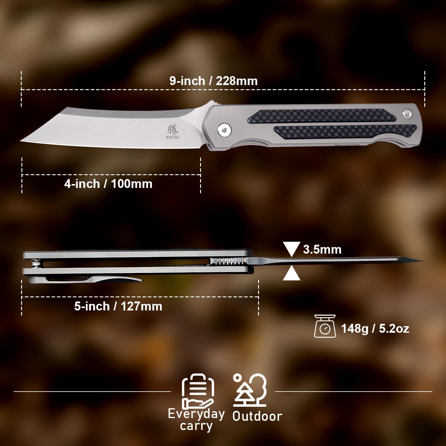 KATSU S35VN Steel Blade Folding Knife,Titanium Pocket Knife for Men Carbon Fiber Handle,Frame Lock Japanese Style Front Flipper EDC Knife with Clip Stonewash Leather Sheath