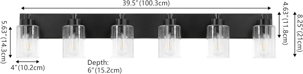 JONATHAN Y 40' Black/Clear 6-Light Modern LED Vanity Light for Bathroom Mirror, Mid-Century Wall Sconce with Clear Seeded Glass Shades, Contemporary Iron Fixture, LED Bulbs (JYL7621B)