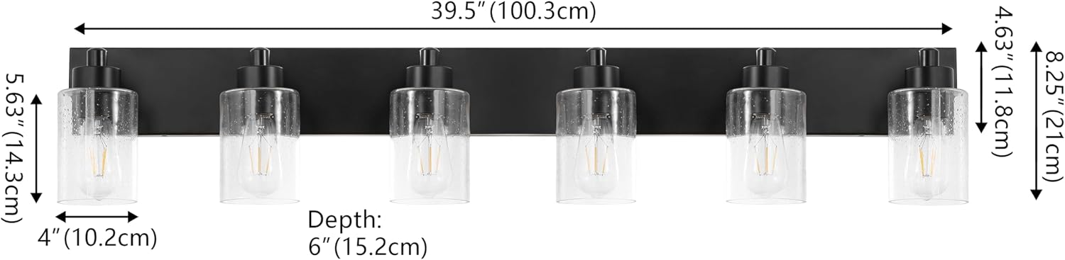 JONATHAN Y 40' Black/Clear 6-Light Modern LED Vanity Light for Bathroom Mirror, Mid-Century Wall Sconce with Clear Seeded Glass Shades, Contemporary Iron Fixture, LED Bulbs (JYL7621B)