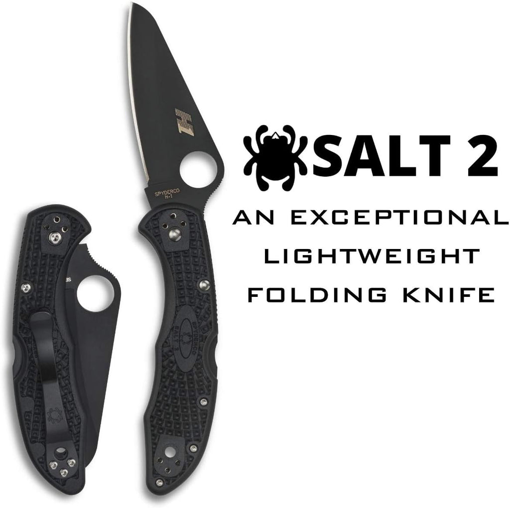 Spyderco Salt 2 Lightweight Knife with 3' H-1 Ultra-Corrosion Resistant Steel Blade and Black FRN Handle - PlainEdge - C88PBBK2