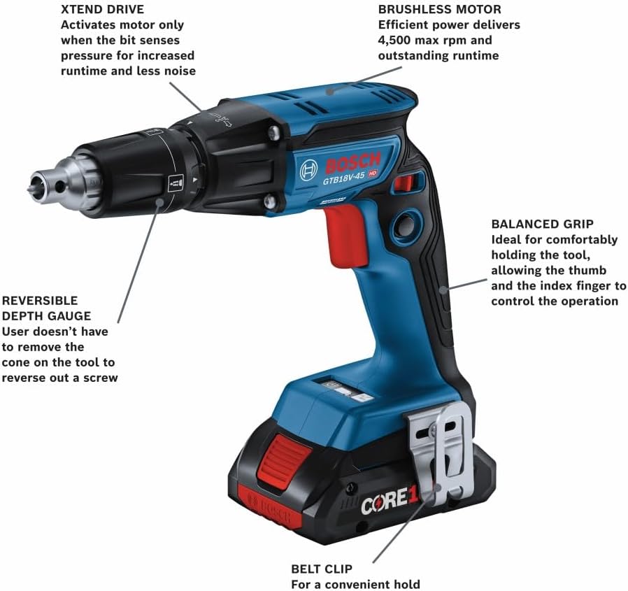 BOSCH GTB18V-45B15-RT 18V Brushless 1/4 In. Hex Screwgun Kit with (1) CORE18V 4 Ah Advanced Power Battery (Renewed)
