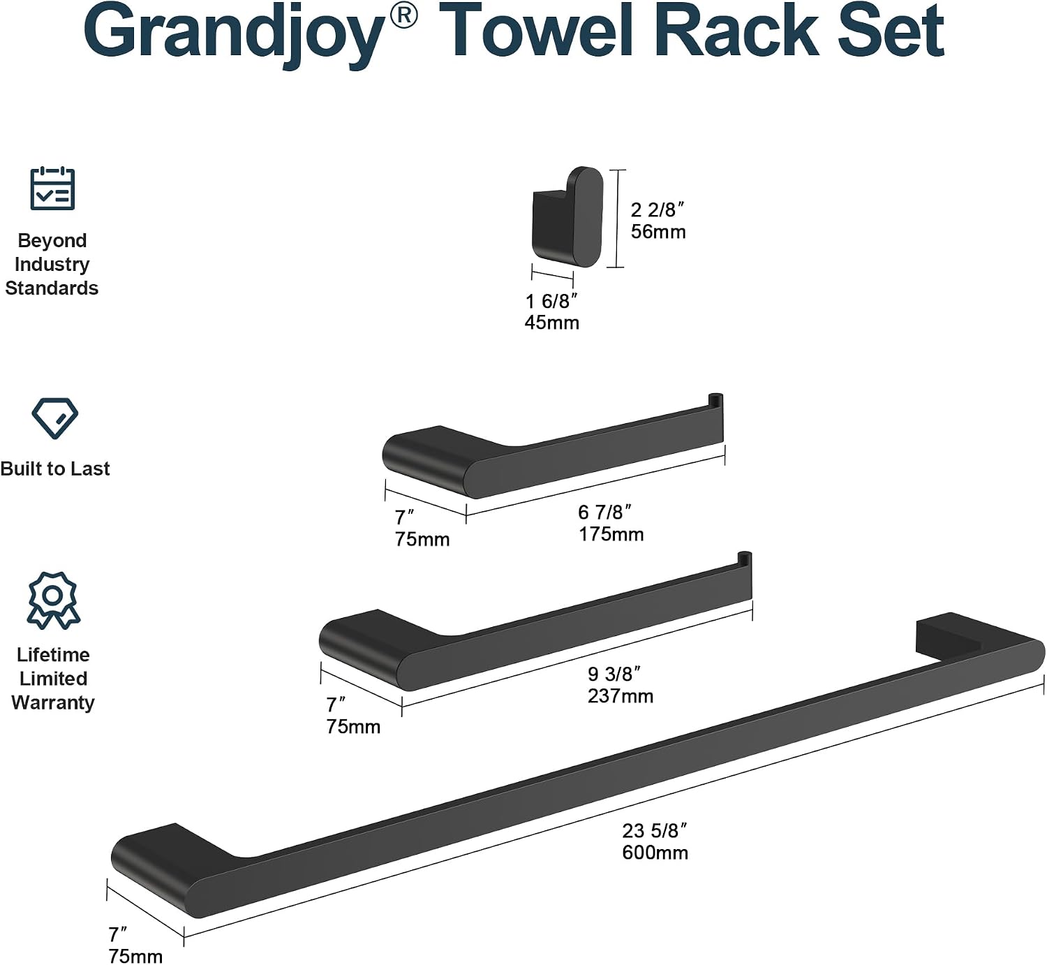 Bathroom Hardware Set 4 Piece Wall Mount Zinc Alloy with Towel Bar Toilet Paper Holder Hook Matte Black