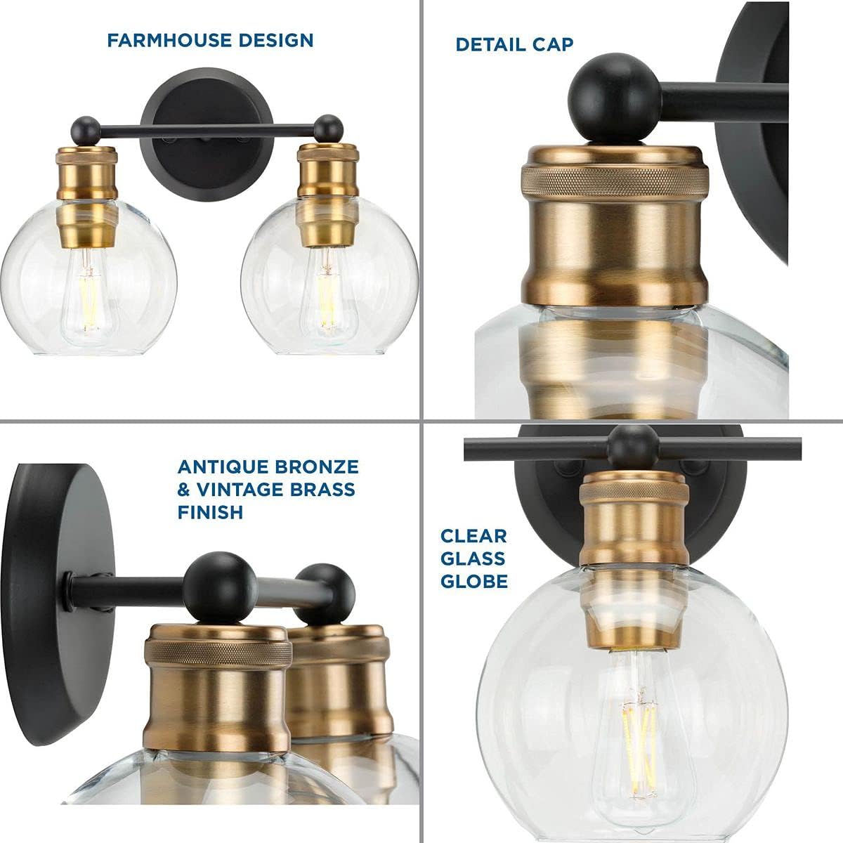 Hansford Collection 2-Light Clear Glass Coastal Bath Vanity Light Antique Bronze