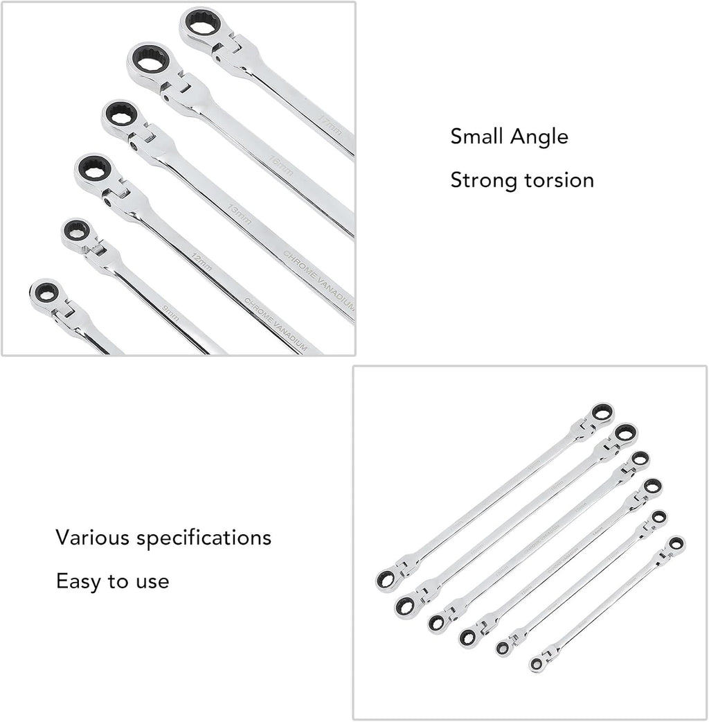 Zyyini 6pcs Flex Head Ratcheting Wrench Set, Steel Extra Long Double Box End Ratchet Wrench, Metric 8-19mm, for Mechanical, Automotive, Appliance Repair