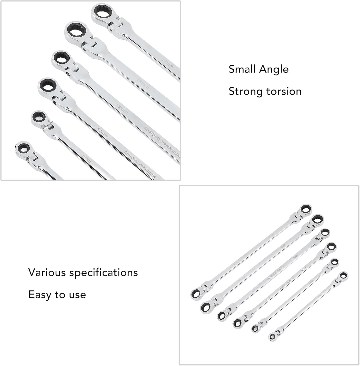 Zyyini 6pcs Flex Head Ratcheting Wrench Set, Steel Extra Long Double Box End Ratchet Wrench, Metric 8-19mm, for Mechanical, Automotive, Appliance Repair