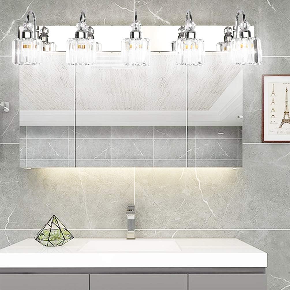 Ralbay Modern LED Crystal Bathroom Vanity Lights 5-Lights Stainless Steel Crystal Vanity Lights Over Mirror Modern Crystal Bathroom Vanity Lighting Fixtures