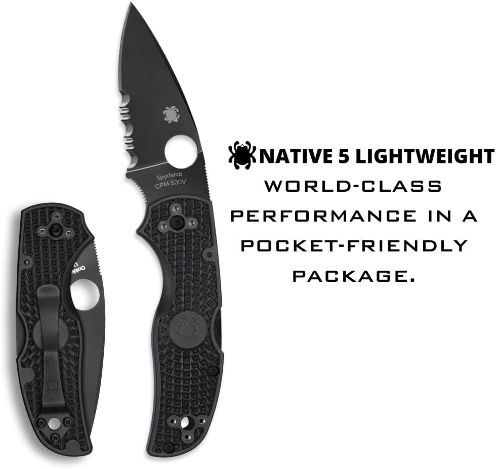 Spyderco Native 5 Signature Knife with 2.95' CPM S30V Black Steel Blade and Black FRN Handle - CombinationEdge - C41PSBBK5