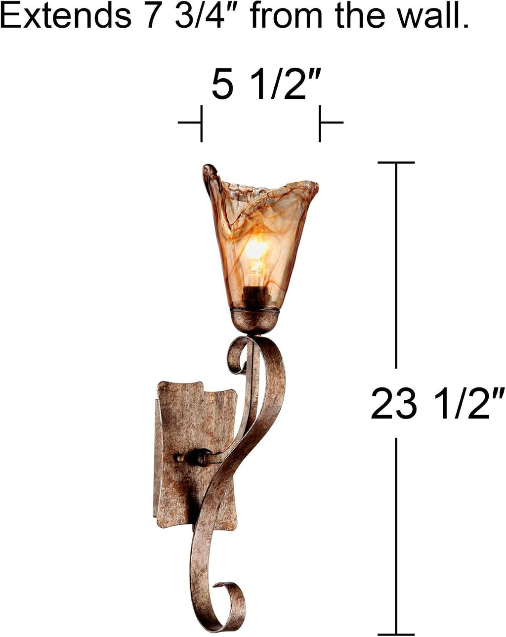 Franklin Iron Works Amber Scroll Rustic Vintage Wall Light Sconces Set of 2 Golden Bronze Metal Hardwired 23 1/2' Fixture Art Glass for Bedroom Bathroom Vanity Living Room Hallway Dining Kitchen