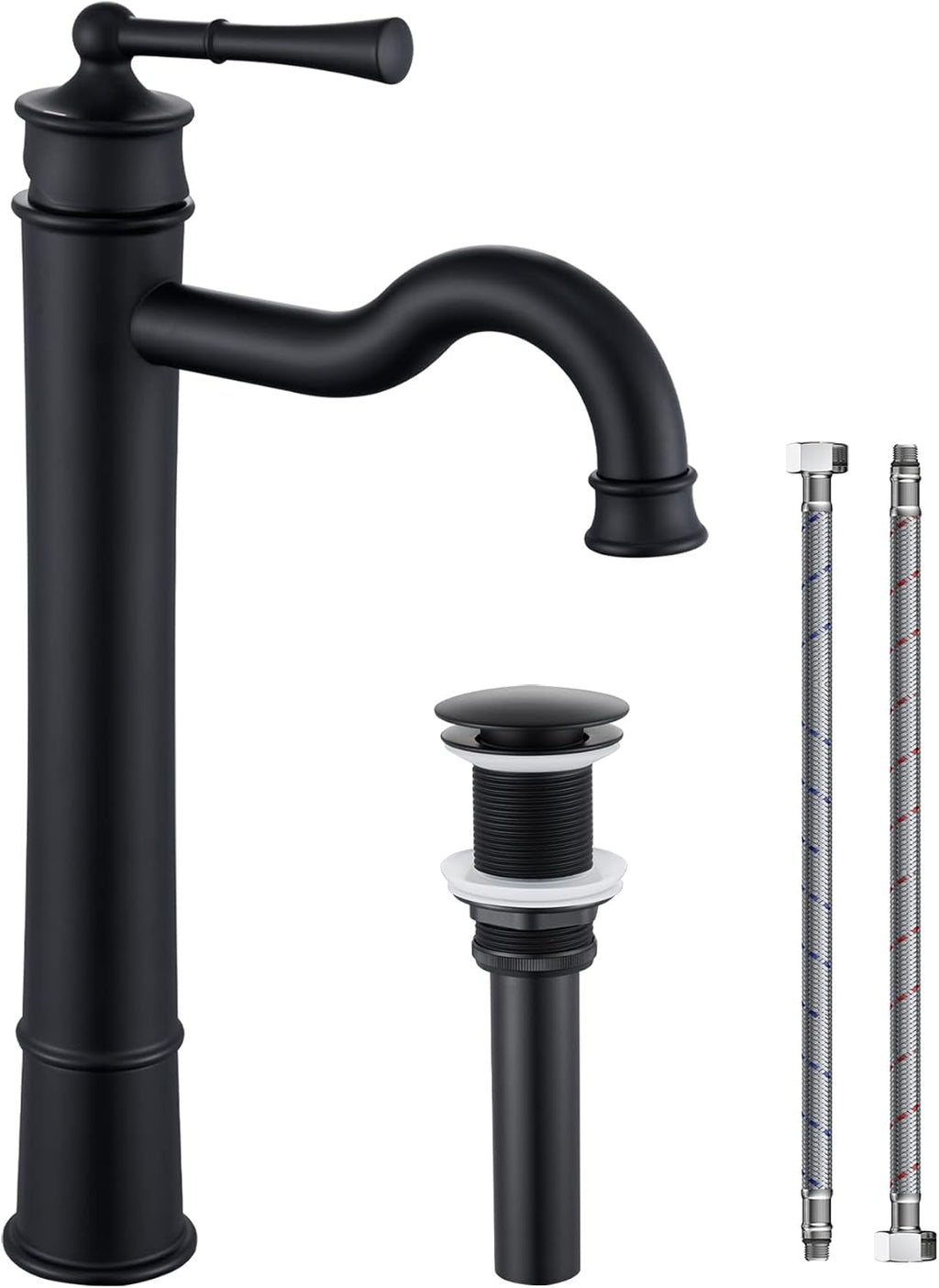 Vessel Sink Faucet Matte Black Bathroom Tall Faucet Single Hole Deck-Mount Pop up Drain Assembly Without Overflow Water Supply Lines Included