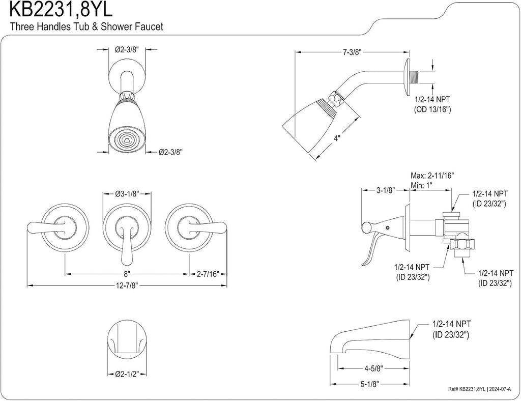 Kingston Brass KB2238YL Yosemite Three Handle Tub Shower Faucet, 3-1/8 inch Diameter Escutcheon, Brushed Nickel