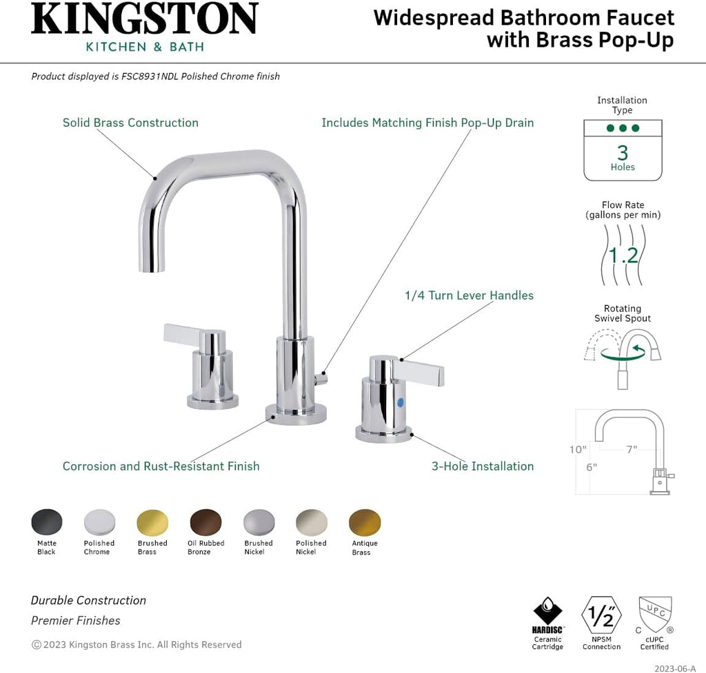Kingston Brass FSC8938NDL NuvoFusion Widespread Bathroom Faucet with Pop-Up Drain, Brushed Nickel