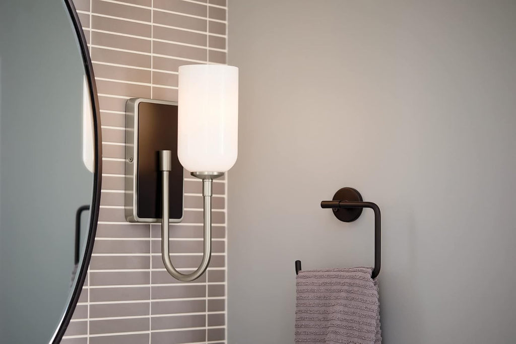 Kichler Solia 1-Light Wall Sconce, Modern Light with Opal Glass in Brushed Nickel with Black, Damp Rated, for Bathroom, Bedroom, Living Room, or Hallway (13.5' x 5'), 55161NI