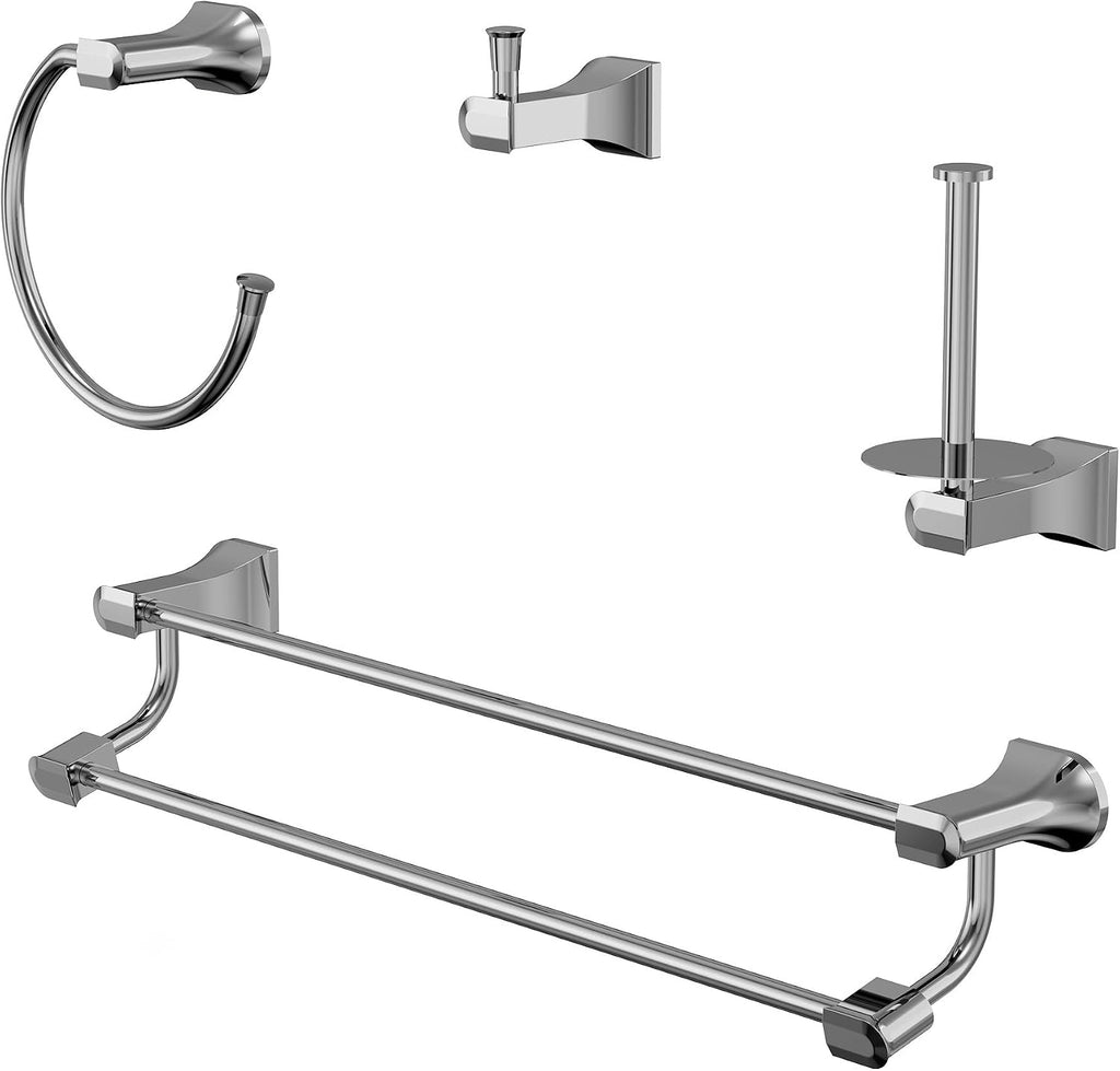 4-Piece Polished Chrome Bathroom Hardware Set, 304 Stainless Steel Rustproof Wall Mounted, 24 Inch Double Towel Rack, Towel Ring, Robe Hook, Toilet Paper Holder
