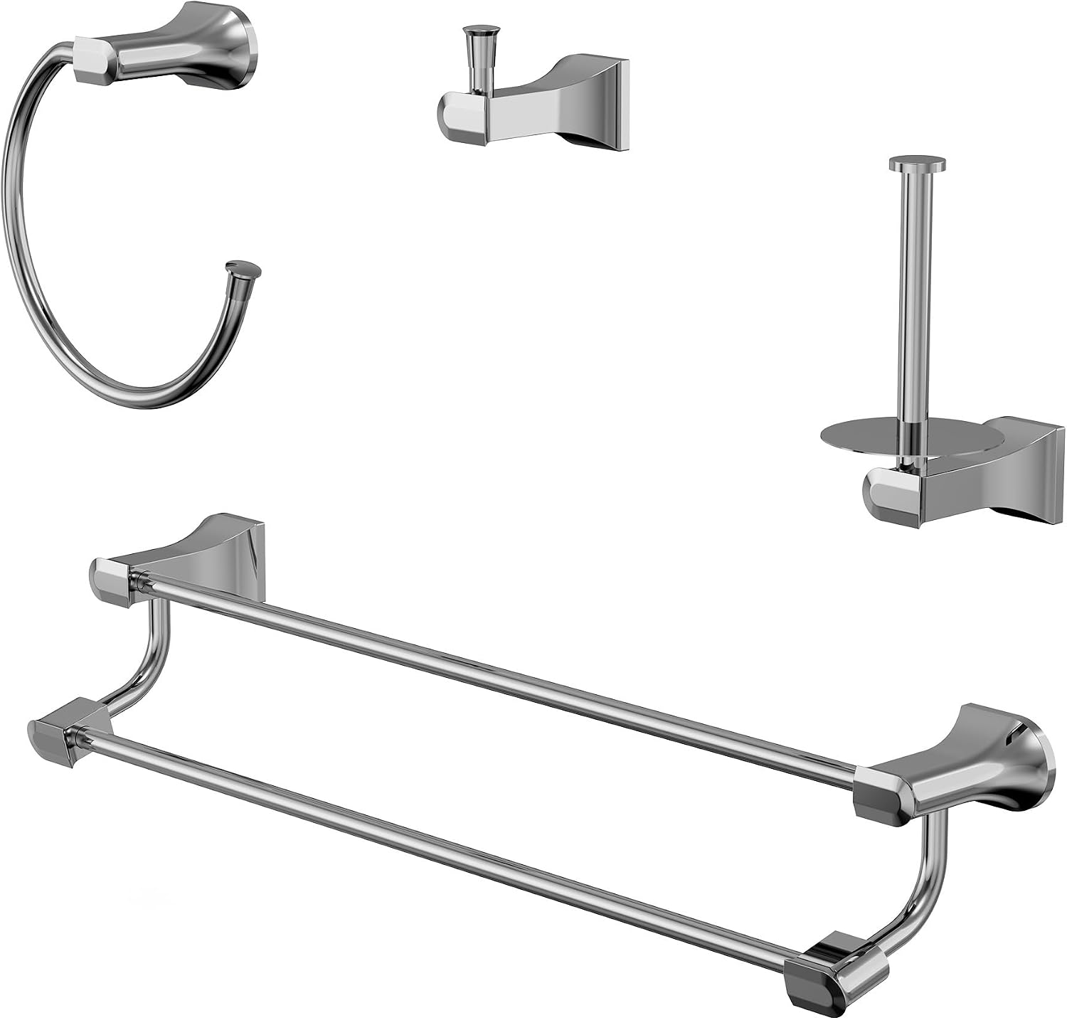 4-Piece Polished Chrome Bathroom Hardware Set, 304 Stainless Steel Rustproof Wall Mounted, 24 Inch Double Towel Rack, Towel Ring, Robe Hook, Toilet Paper Holder
