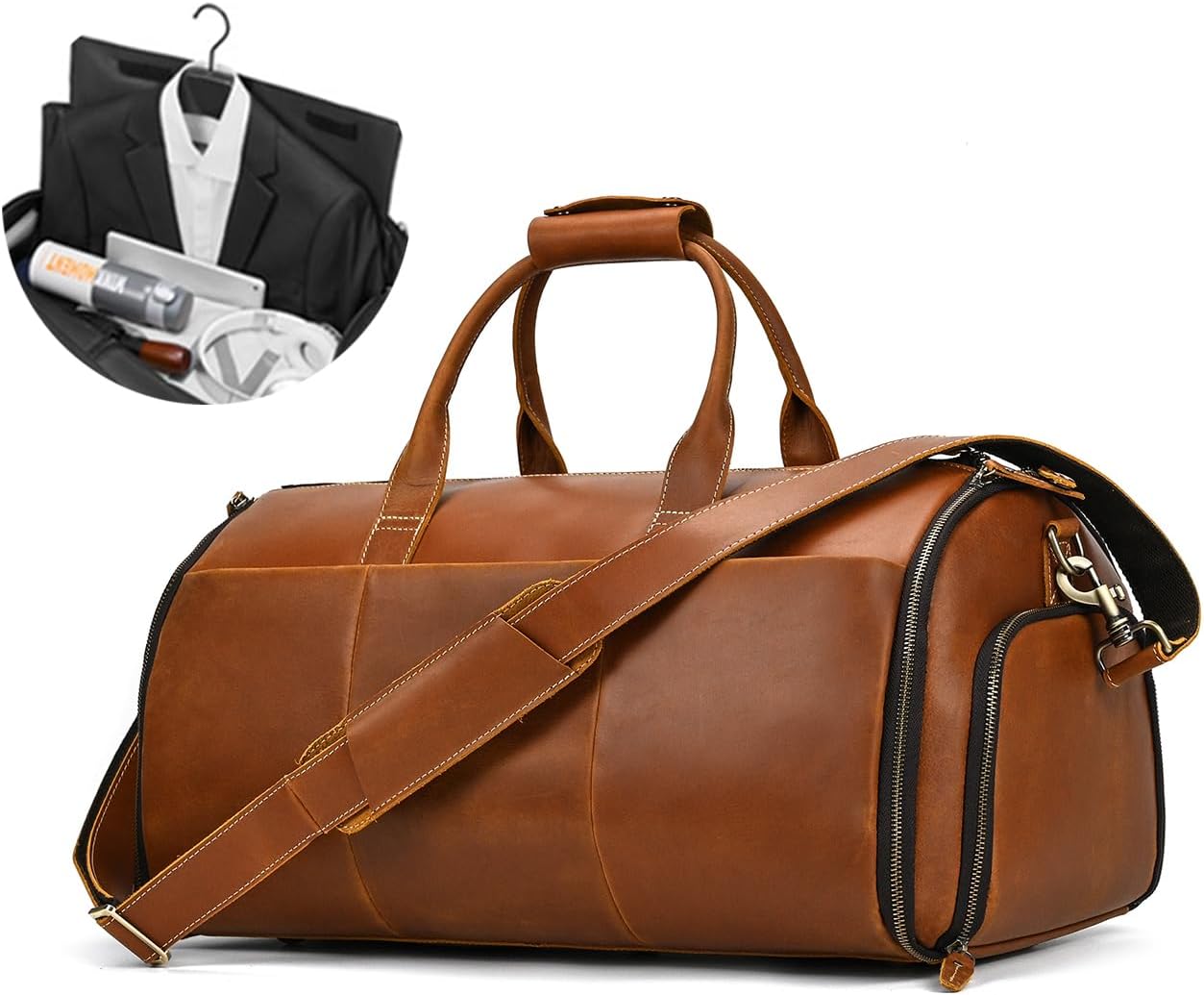 LUUFAN Full-grain Leather Garment Bag Large Capacity Travel Bag Business Suit Carrier Bag with Shoe Compartment, Overnight Gym Sports Duffel Bags for Men Women, Light Brown