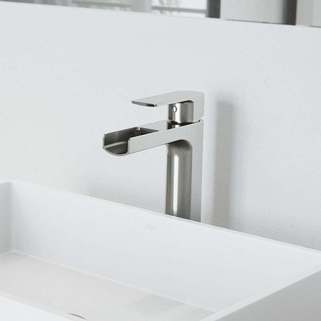 VIGO Amada Waterfall Single-Handle Single-Hole Mount Vessel Bathroom Sink Faucet, 10-Inch, Brushed Nickel, Modern Design, Solid Brass, 1.2 GPM WaterSense & Ceramic Disc Valve, Corrosion-Resistant