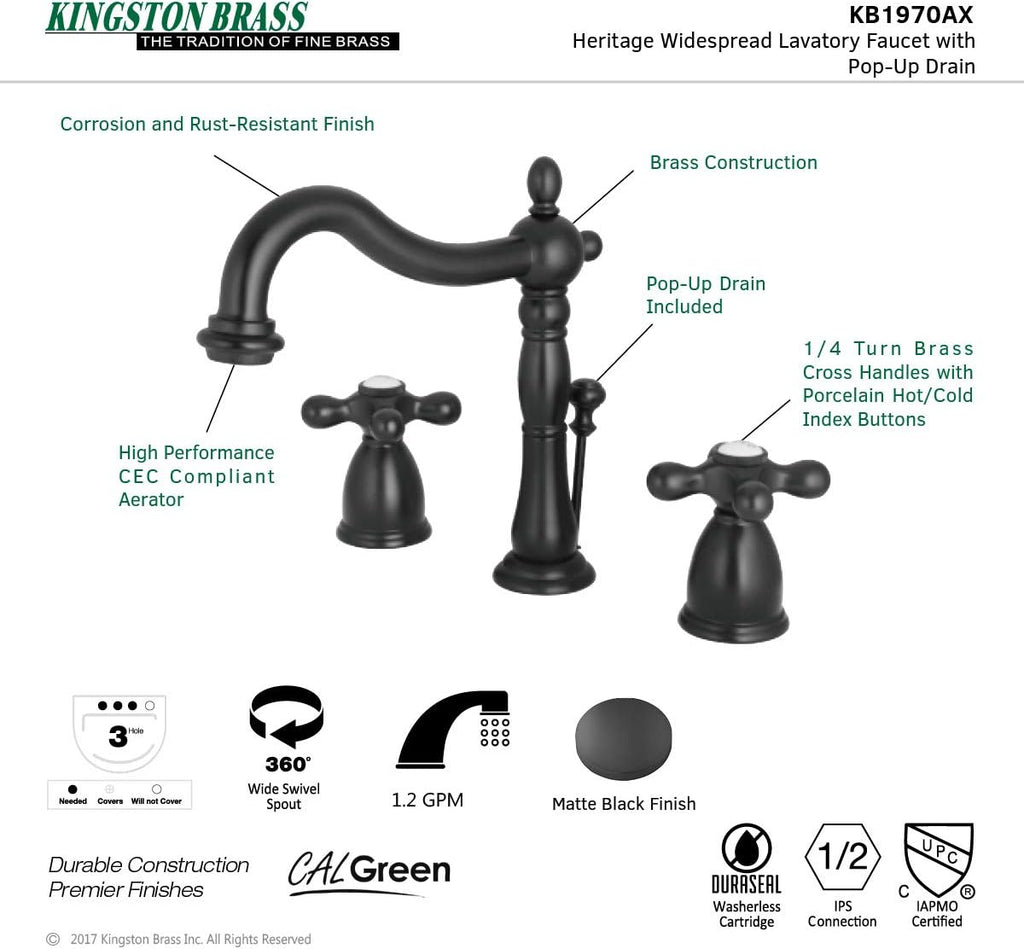 Kingston Brass KB1970AX Heritage 8' Widespread Lavatory Faucet with Brass Pop-Up, 6-1/2' in Spout Reach, Matte Black