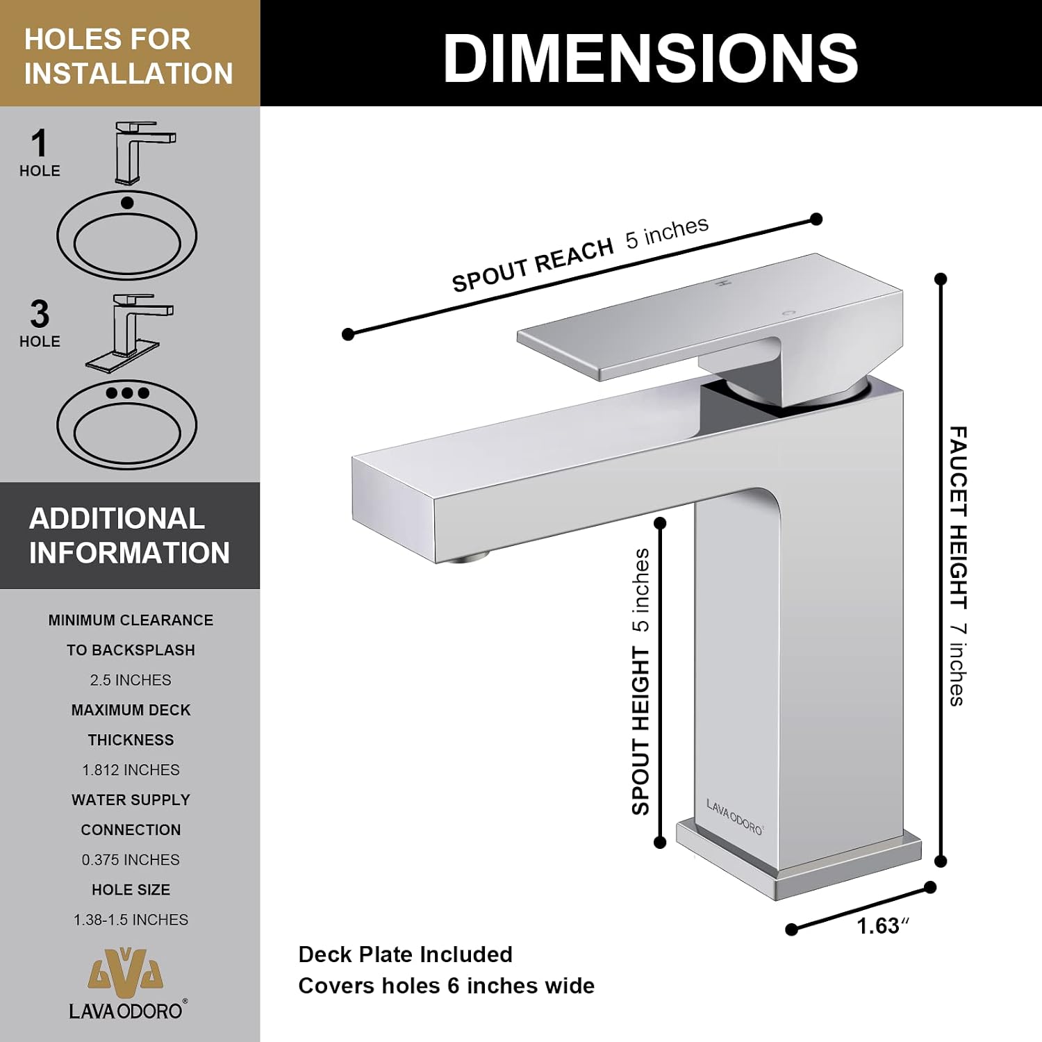 Chrome Bathroom Faucet, Lava Odoro Single Hole Bathroom Faucet, Single Handle Bathroom Sink Faucet Vanity Faucet with Pop up Drain Assembly, Deck Plate Included, BF307-C