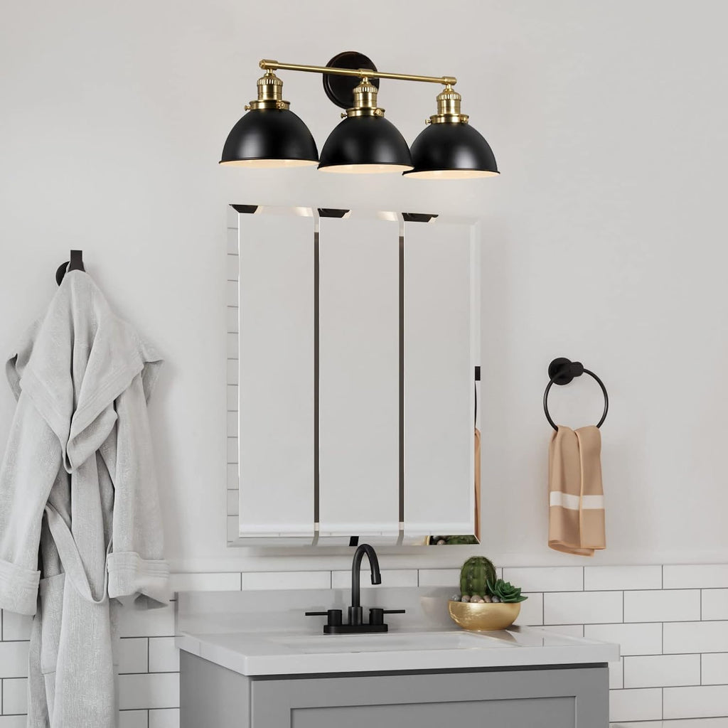 Design House Savannah Rustic Farmhouse 3-Light Bathroom Vanity Light, Dimmable, Satin Gold, Matte Black Metal Shade, 26 in x 9 in x 10.88 in, 588301-BGD