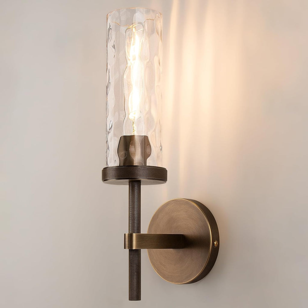 15' Knurled Brass Wall Sconce with Water Ripples Glass Tube, Bronze Bathroom Vanity Light Fixtures, Modern Lamp Lighting for Bedroom, Living Room, Hallway, Staircase, Mirror, Kitchen