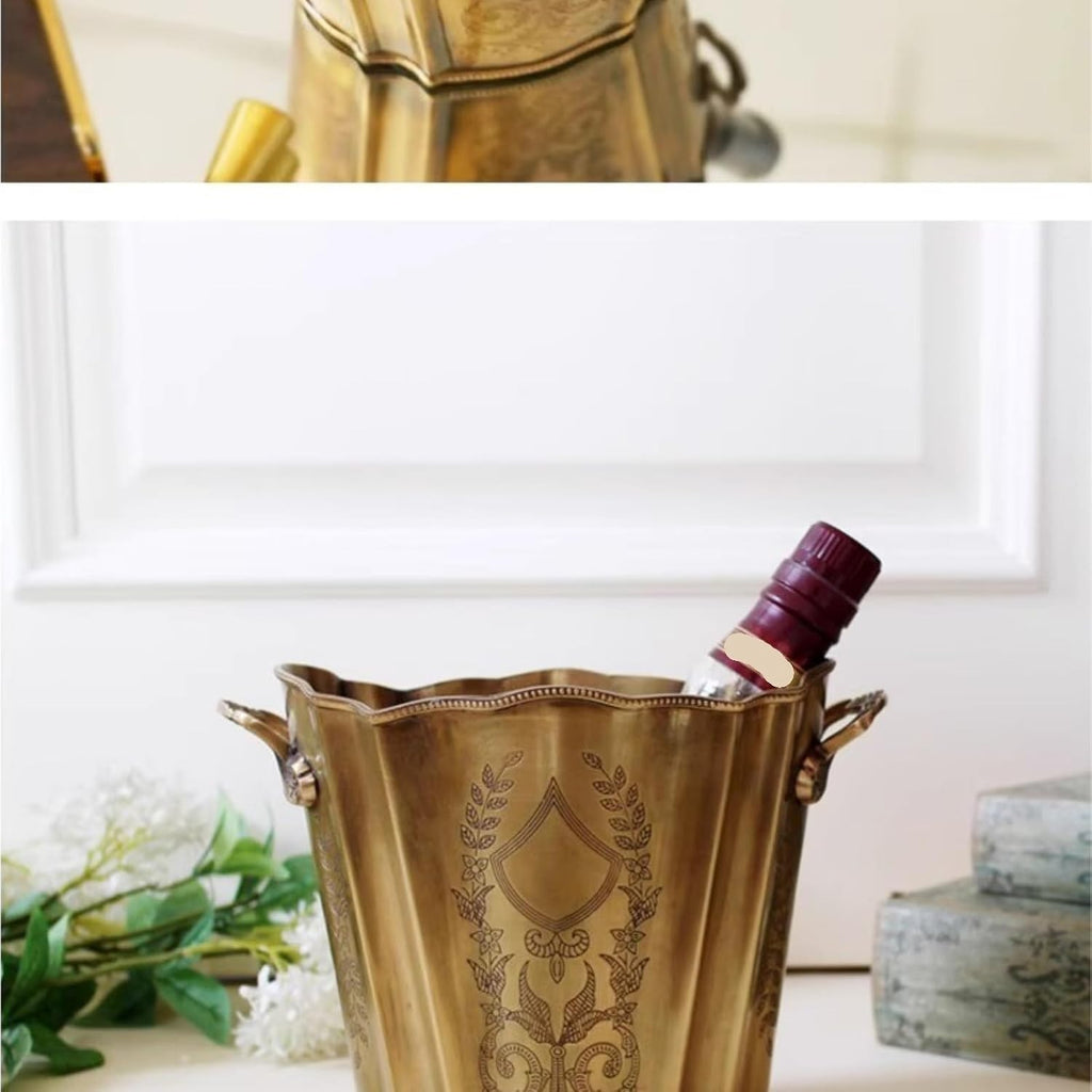 Ice Bucket Brass Carved Ice Bucket with Handles Handmade Vintage Champagne Wine Cooler for Parties
