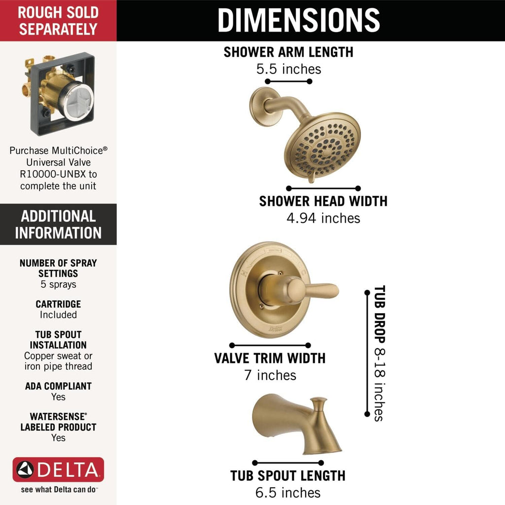 Delta Faucet Lahara 14 Series Single-Handle Tub and Shower Trim Kit, Shower Faucet with 5-Spray Touch-Clean Shower Head, Champagne Bronze T14438-CZ (Valve Not Included)