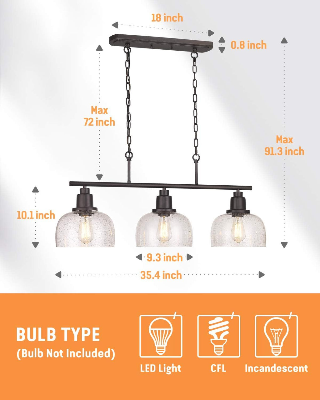 EAPUDUN 3-Light Kitchen Island Light, 35.4' Farmhouse Chandelier for Dining Room Pool Table Pendant Light, Black Finish with Seeded Bubble Glass, PDA1125-ORB