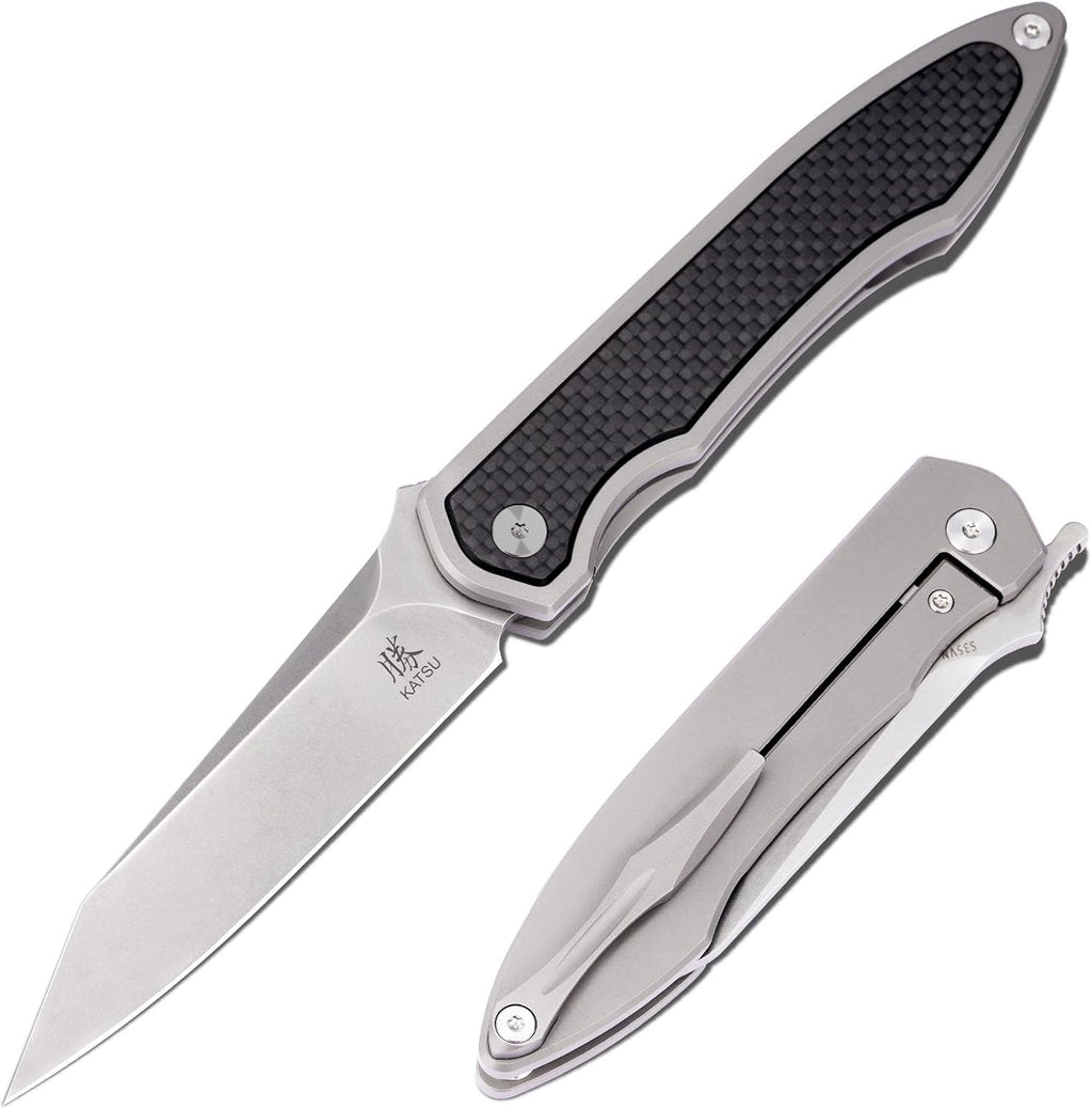 KATSU S35VN Folding Knife with Clip,Carbon Fiber Handle Pocket Knife Cleaver Razor Blade Frame Lock,Japanese Style Clip Point Blade Stonewashed Titanium Knives with Leather Sheath Camping