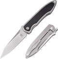 KATSU S35VN Folding Knife with Clip,Carbon Fiber Handle Pocket Knife Cleaver Razor Blade Frame Lock,Japanese Style Clip Point Blade Stonewashed Titanium Knives with Leather Sheath Camping