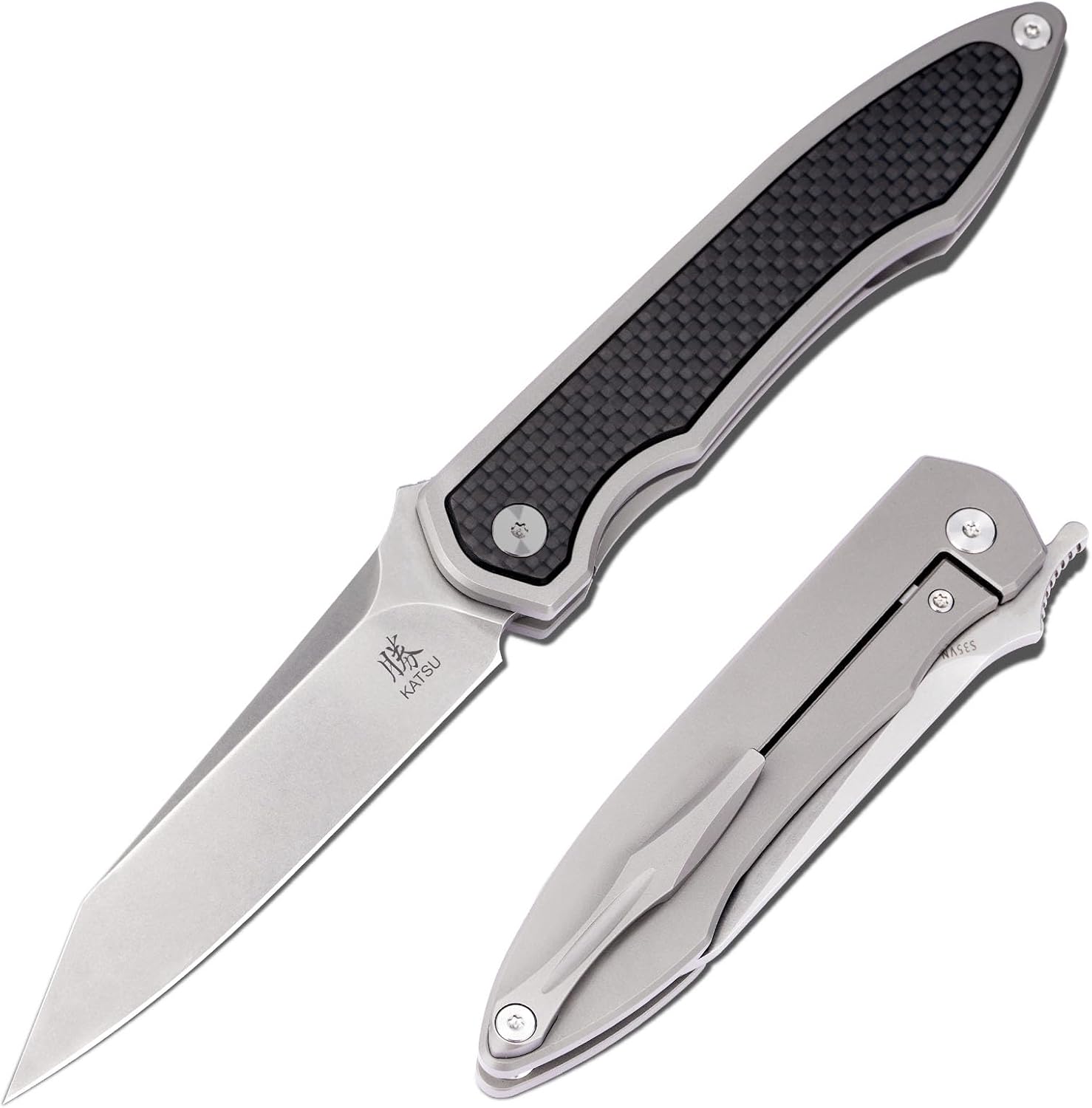 KATSU S35VN Folding Knife with Clip,Carbon Fiber Handle Pocket Knife Cleaver Razor Blade Frame Lock,Japanese Style Clip Point Blade Stonewashed Titanium Knives with Leather Sheath Camping