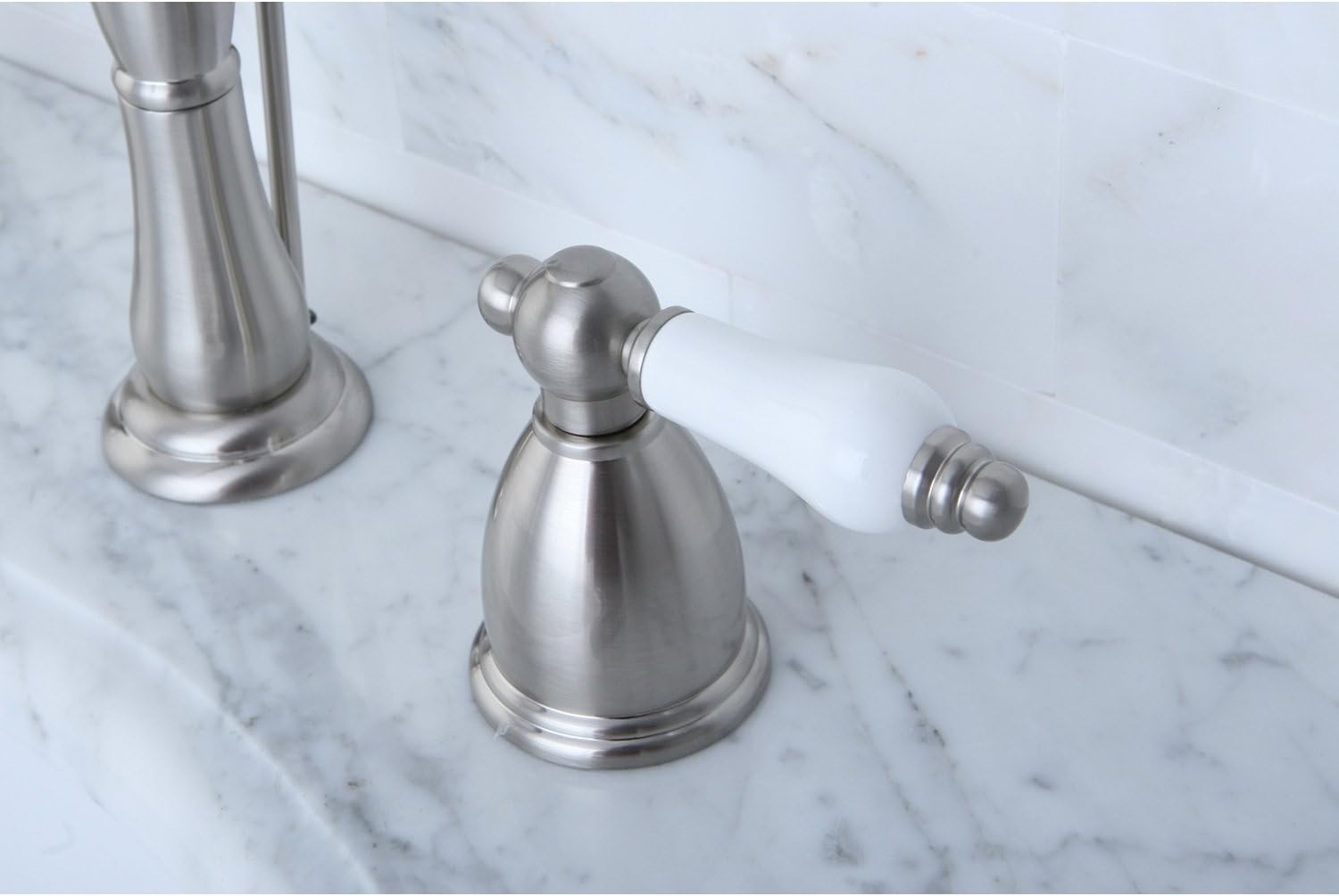 Kingston Brass KB1978PL Heritage Widespread Lavatory Faucet with Porcelain Lever Handle, Brushed Nickel