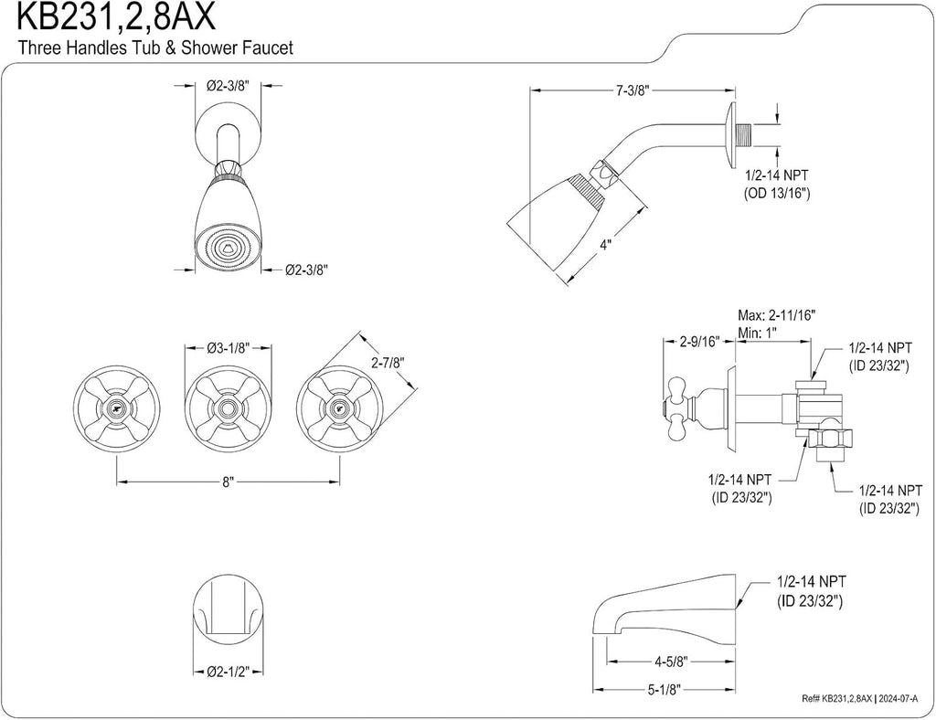Kingston Brass KB231AX Tub and Shower Faucet with 3-Cross Handle, Polished Chrome,5-Inch Spout Reach