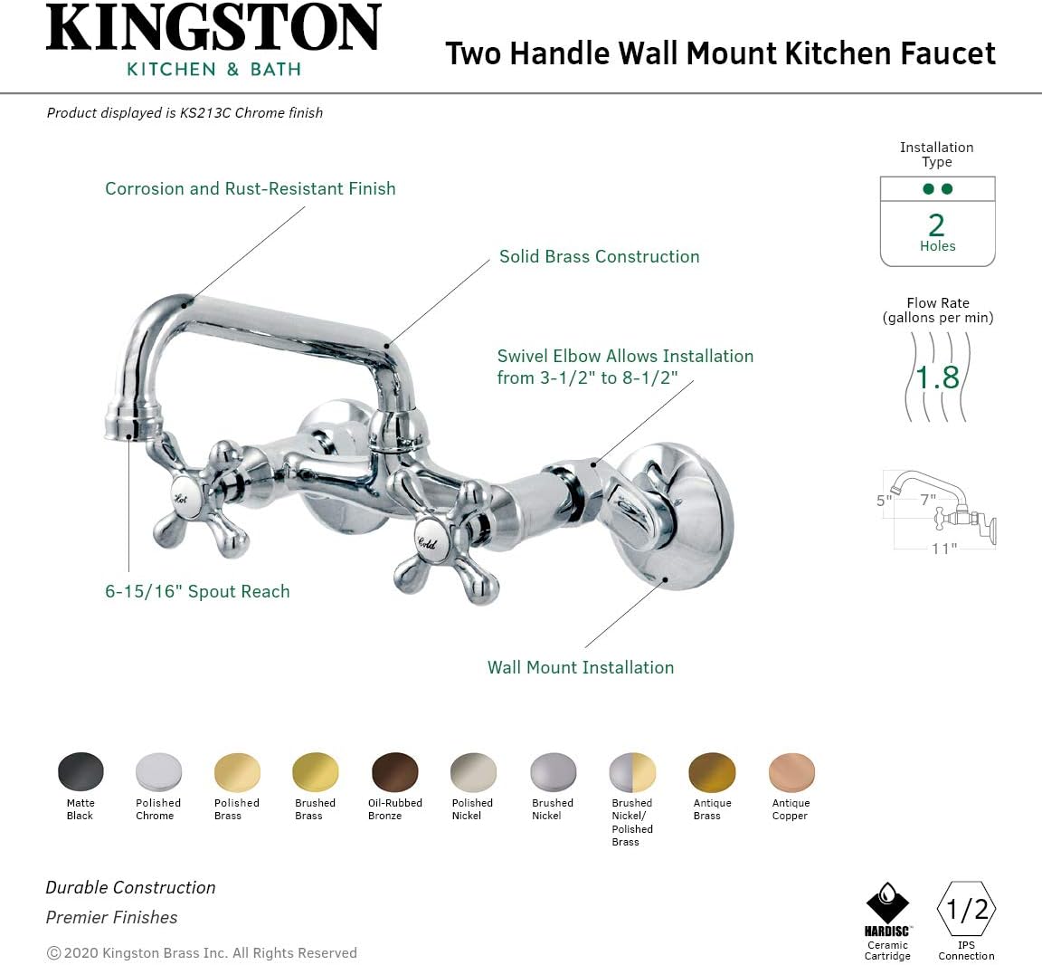 Kingston Brass KS213ORB Victorian Two Handle Wall Mount Kitchen Faucet, 7-Inch, Oil Rubbed Bronze