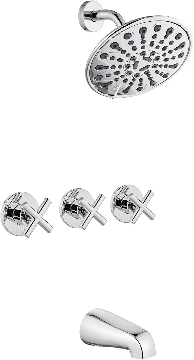 gotonovo 3 Handle Tub Shower Faucet Set, Tub and Shower Faucet Combo,Bathtub Faucet Set with 6 Settings Shower Head and Waterfall Tub Spout, Tub and Shower Trim Kit, Tub Shower Fixture Polished Chrome