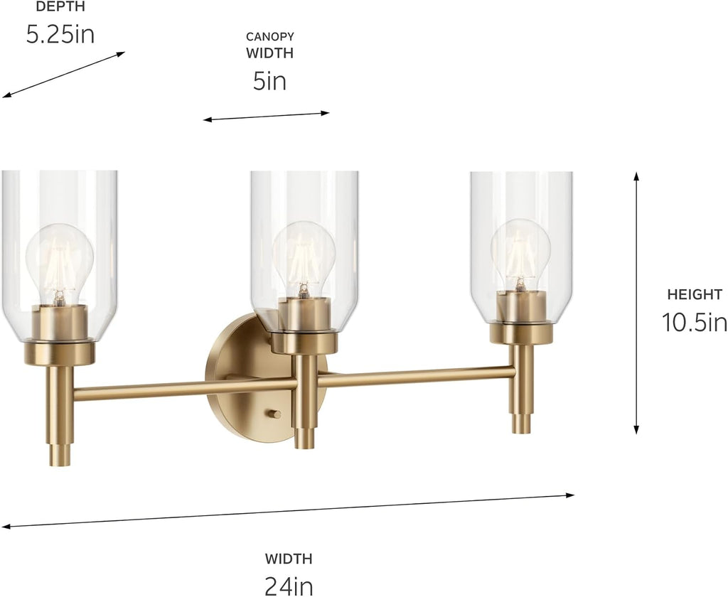 Kichler Madden 3-Light Bathroom Vanity Light Fixture with Clear Glass in Champagne Bronze, Modern Wall Mount Lighting for Single Vanity Mirror (10.5' x 24'), 55185CPZ