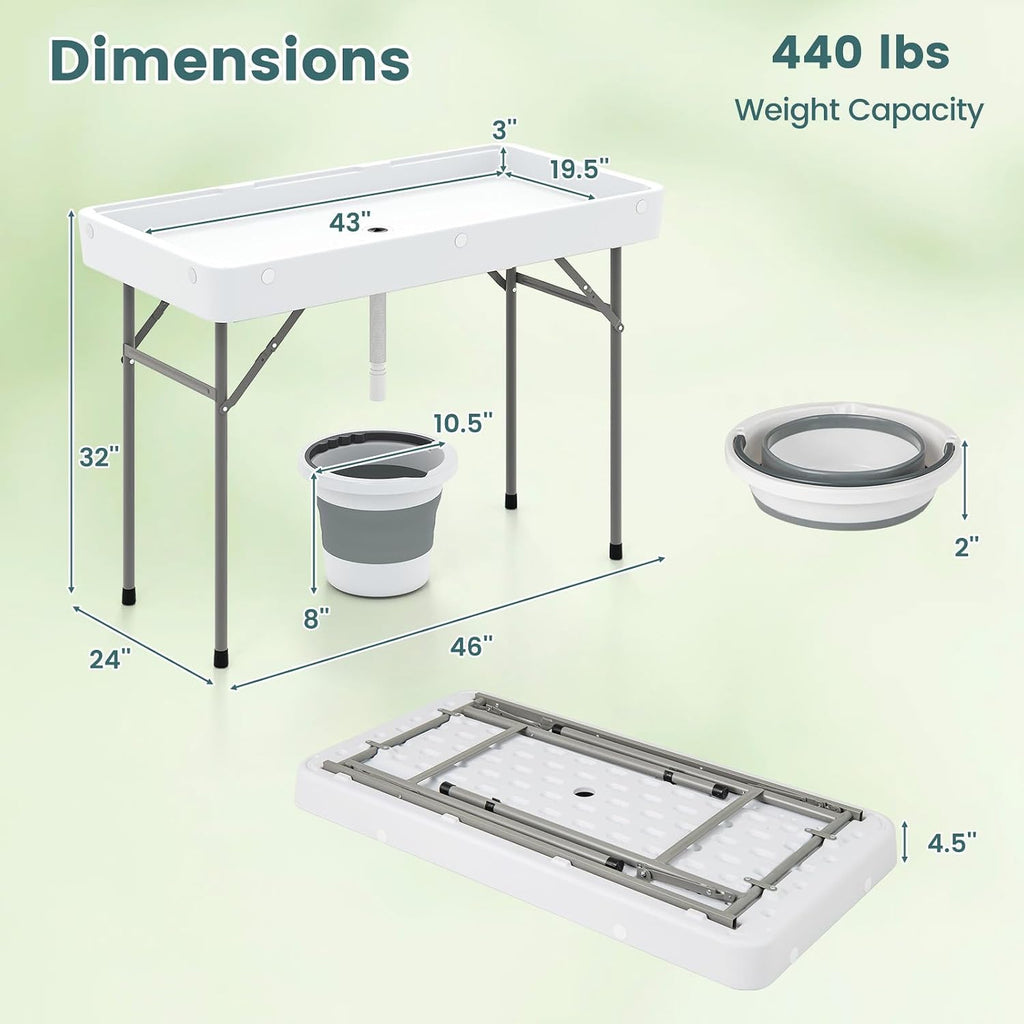 4 Foot Folding Ice Cooler Table, Portable Ice Tables for Parties with Drain, Detachable Matching Skirt & Foldable Bucket, Fill and Chill Table for Party, Picnic, Camping, Wedding, White