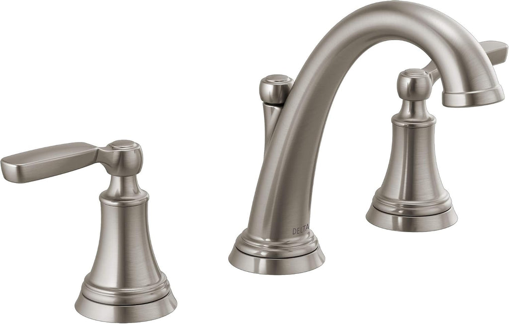 Delta Woodhurst Brushed Nickel Bathroom Faucet 3 Hole, 8 Inch Widespread Bathroom Sink Faucet for Vanity, Metal Push-Pop Drain Assembly, Stainless 3532LF-SS