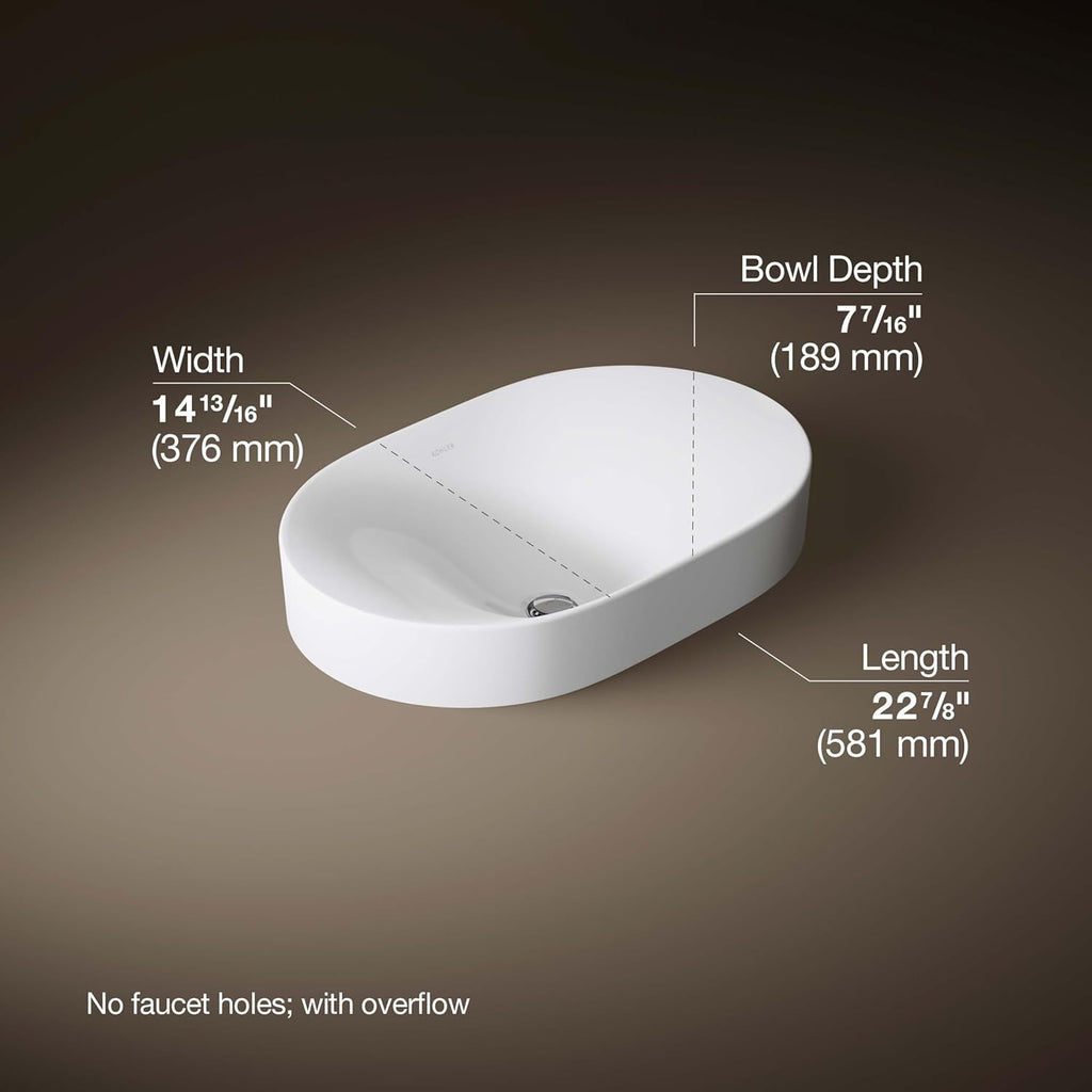 KOHLER 31701-0 Chalice 22-3/4' Oval Bathroom Vessel Sink, Above Counter Vanity Sink Basin, with Overflow, No Faucet Holes, White