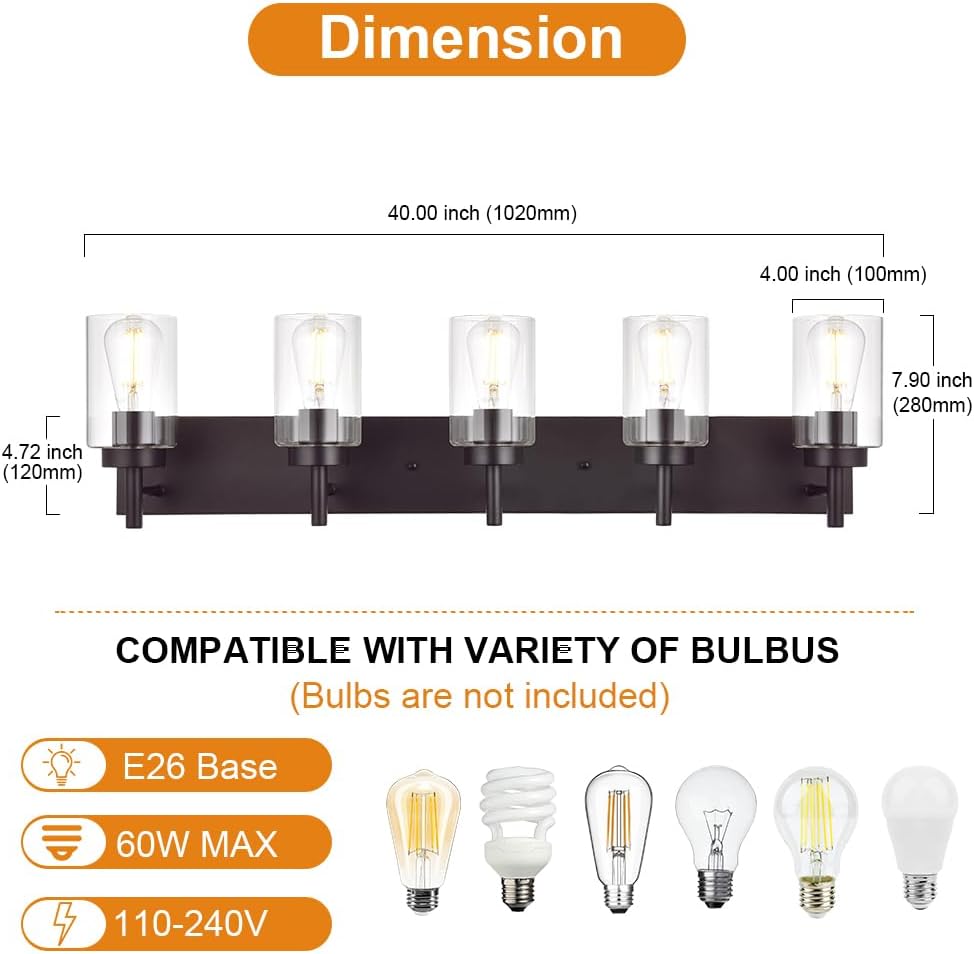 5 Lights Bathroom Vanity Light Fixture Oil Rubbed Bronze Sconces Wall Lighting Modern Industrial Indoor Wall Mounted Lamp Farmhouse for Kitchen Hallway (Patent No.: US D958,438 S)