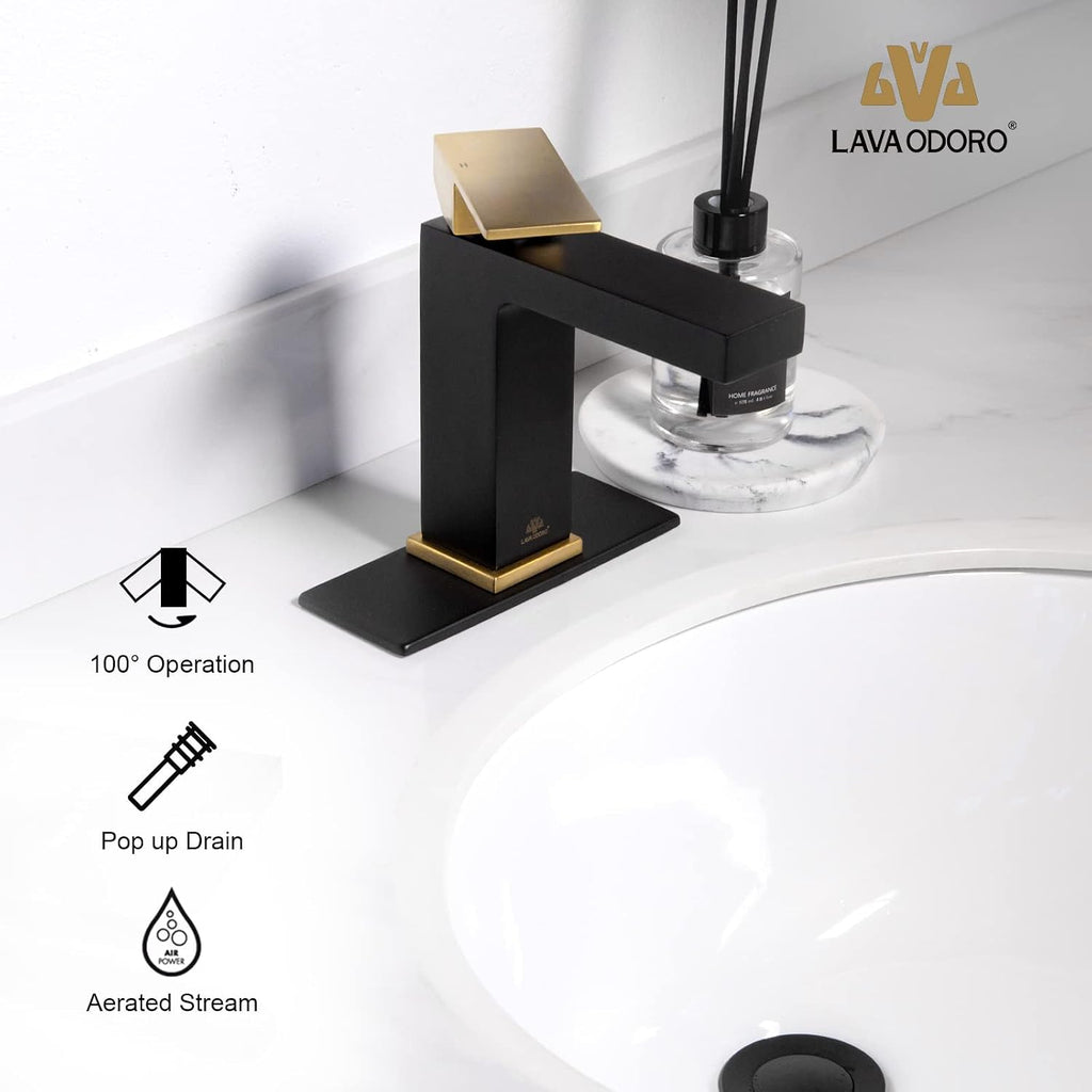 Lava Odoro Black and Gold Bathroom Faucet, Brass Single Hole Bathroom Sink Faucet Single Handle with Drain Assembly, Deck Plate Included, BF307-GB