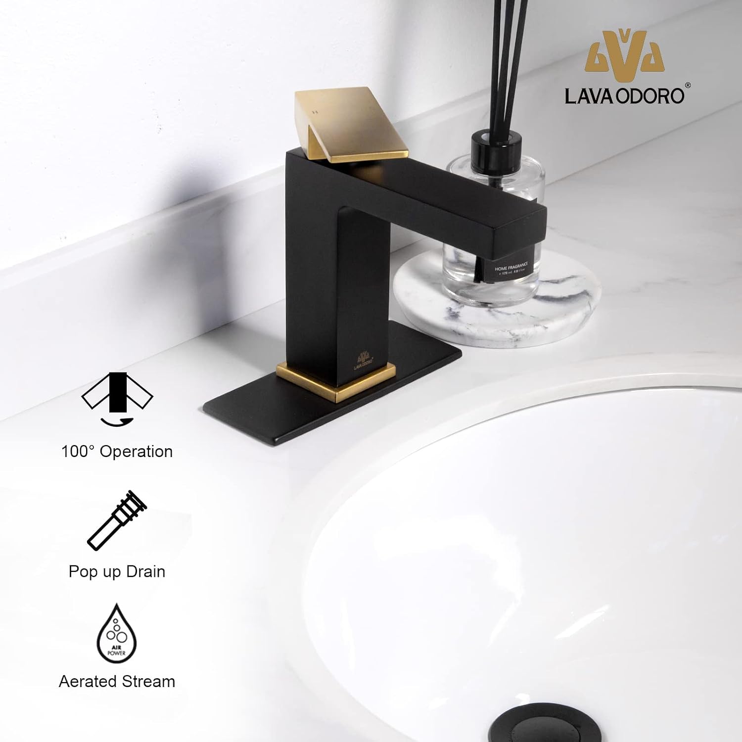 Lava Odoro Black and Gold Bathroom Faucet, Brass Single Hole Bathroom Sink Faucet Single Handle with Drain Assembly, Deck Plate Included, BF307-GB